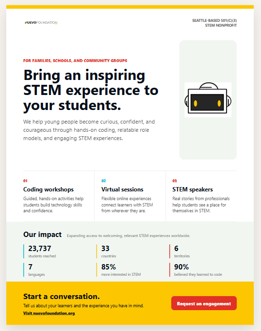Nuevo Foundation flyer: Bring an inspiring STEM experience to your students. Includes coding workshops, virtual sessions, STEM speakers, and a request to start a conversation.